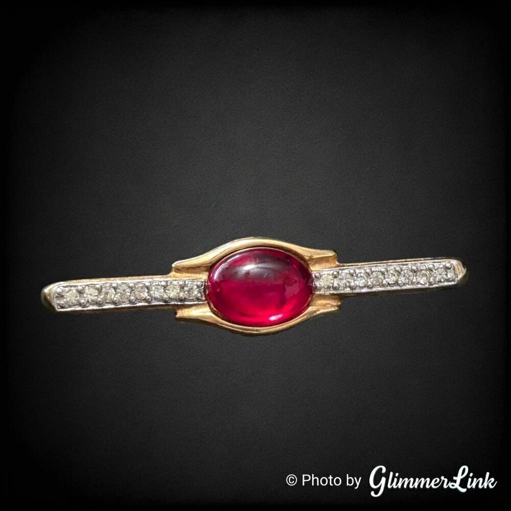 Vintage Dotty Smith Red Cabochon Rhinestones Gold Tone Unisex Bar Brooch